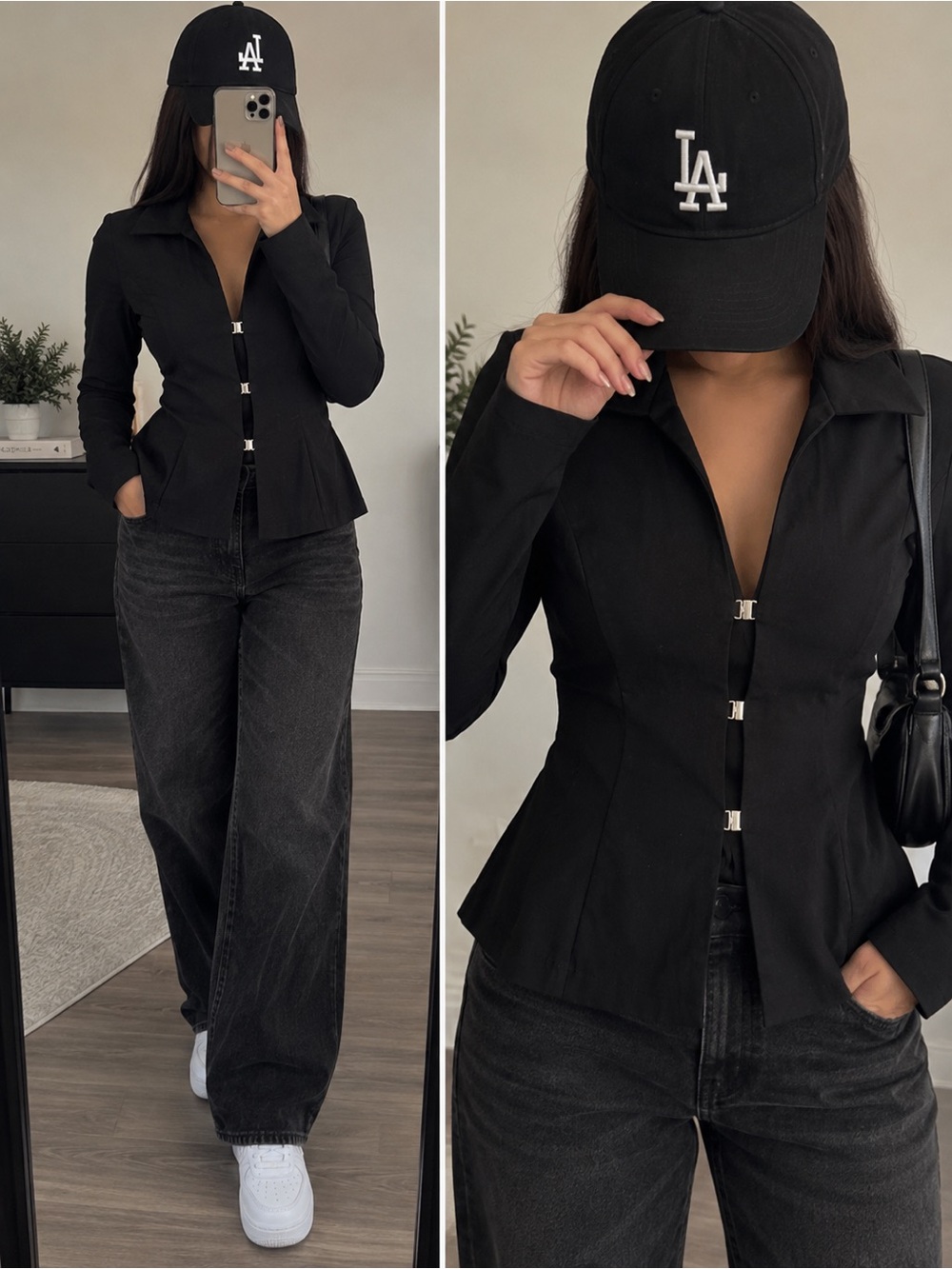 Zara Black Wide-Leg Jeans with Fitted Hook-Closure Top